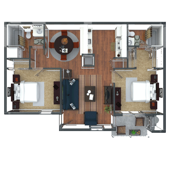Floor Plan  2 Bedroom, 2 Bathroom Floor Plan 3D Image