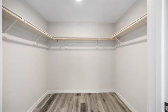 an empty large closet with white walls and a wood inspired floors