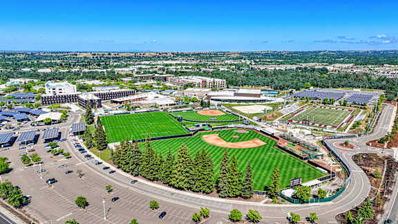 A large green baseball field is surrounded by buildings and trees.