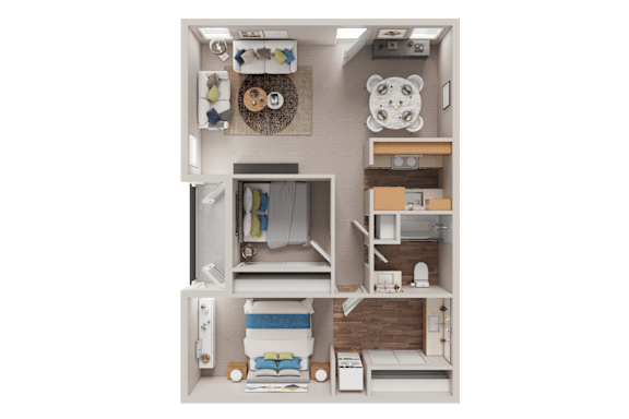 A detailed 3D floor plan of a small apartment layout.