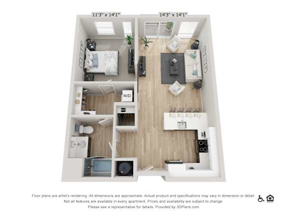 A 3D floor plan of a small apartment with two bedrooms, a living room, and a kitchen.