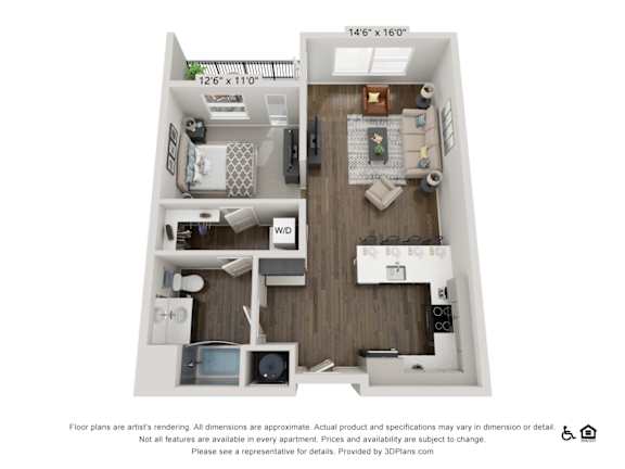 A 3D floor plan of a small apartment with a kitchen, living room, and bedroom.