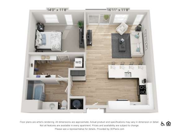 A 3D floor plan of a two-bedroom apartment with a living room, kitchen, and bathroom.