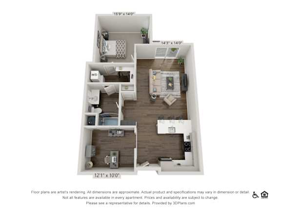A 3D floor plan of a small apartment with a kitchen, living room, and bedroom.