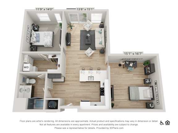 A 3D floor plan of an apartment with dimensions and a disclaimer at the bottom.