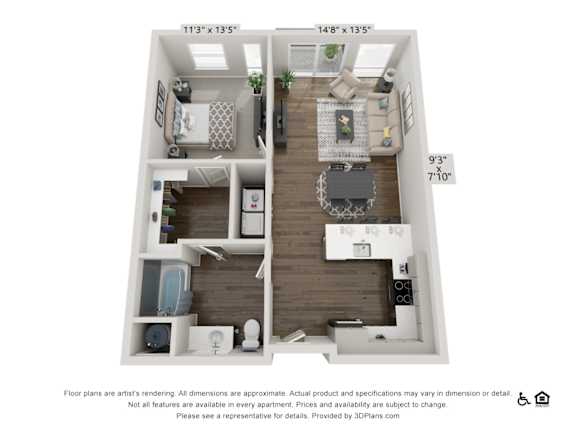 A 3D floor plan of a small apartment with two bedrooms, a living room, and a kitchen.