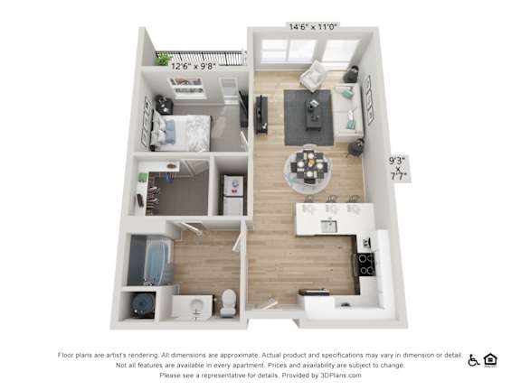 A 3D floor plan of a small apartment with a kitchen, living room, and bathroom.