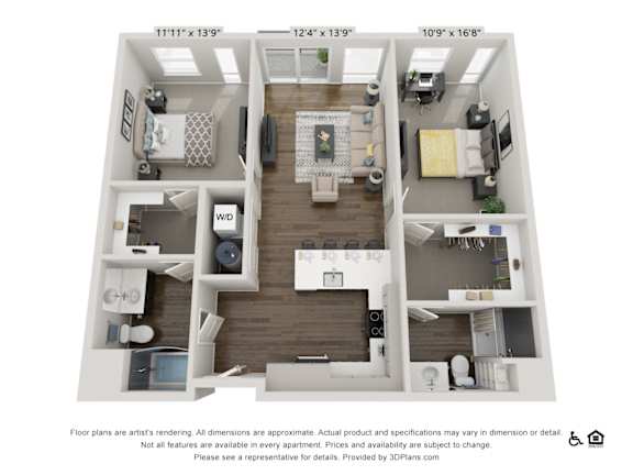 A 3D floor plan of a two-bedroom apartment with a living room, kitchen, and bathroom.