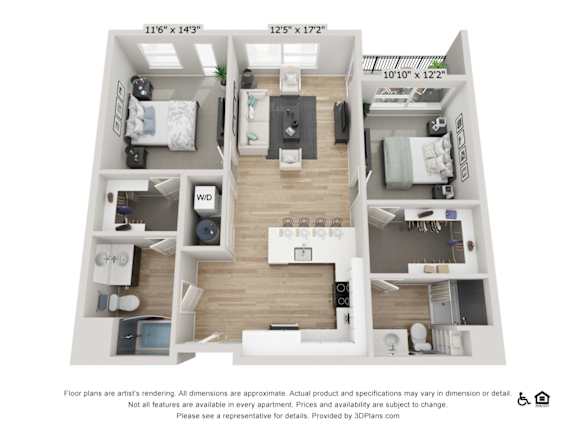 A 3D floor plan of an apartment with dimensions and a disclaimer at the bottom.