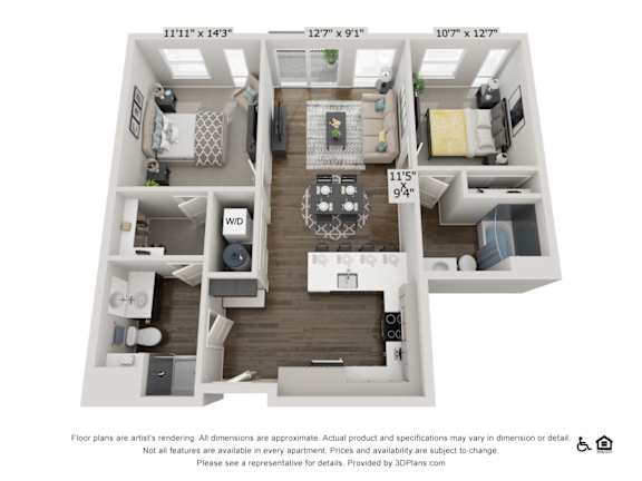 A 3D floor plan of an apartment with dimensions and a disclaimer.