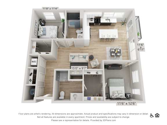A 3D floor plan of a small apartment with two bedrooms, a living room, and a kitchen.