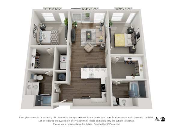 A 3D floor plan of a small apartment with two bedrooms and a living area.