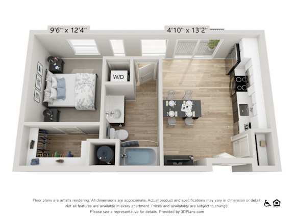 A 3D floor plan of a small apartment with a kitchen, living room, and bathroom.