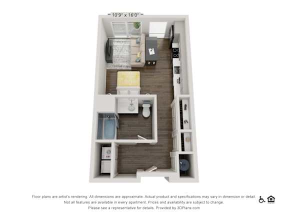 A 10'9"x16'0" floor plan of an apartment with a kitchen, living room, and two bedrooms.