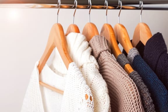 Sweaters hanging in closet on wooden hangers at Silverstone Apartments, Davis, CA, 95618