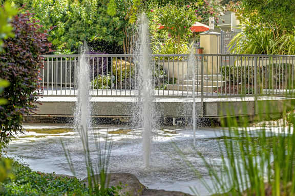 A fountain in a garden with water shooting up from it.