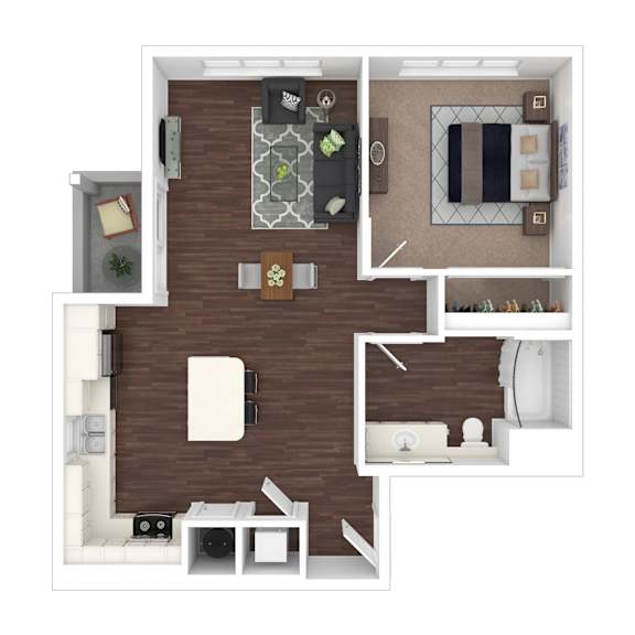 A top-down view of a living room with a couch, coffee table, and kitchen area.