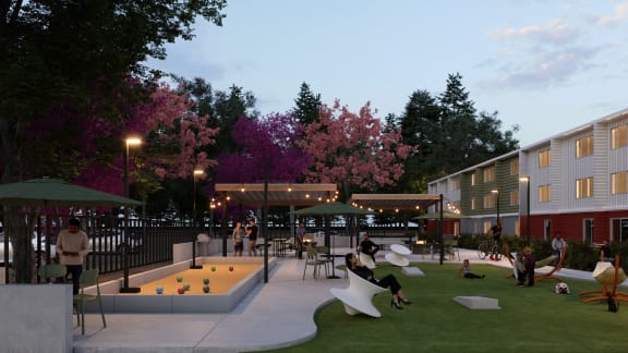 a rendering of a park with a pool and people playing in it  at Track 281 Apartments, Sacramento, CA