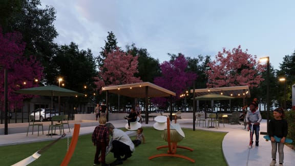 a rendering of a park with tables and benches and trees  at Track 281 Apartments, Sacramento, 95811