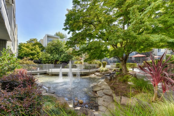 Water feature/fountain that is on-site along a walkway. at The Retreat at Walnut Creek, Walnut Creek, CA