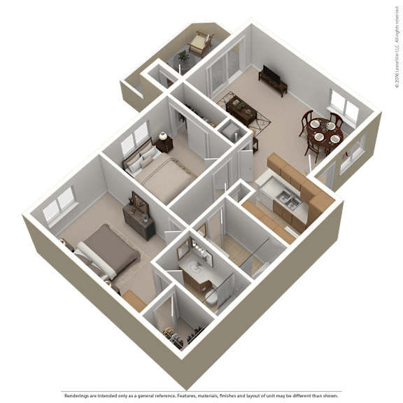 A 3D floor plan of a house with a kitchen, living room, dining room, and bedrooms.
