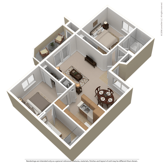 A 3D floor plan of a house with multiple rooms and furniture.