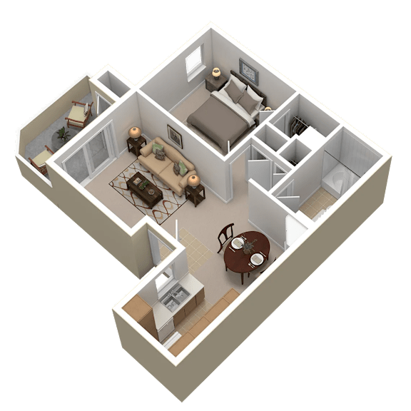 A 3D rendered image of a house layout.