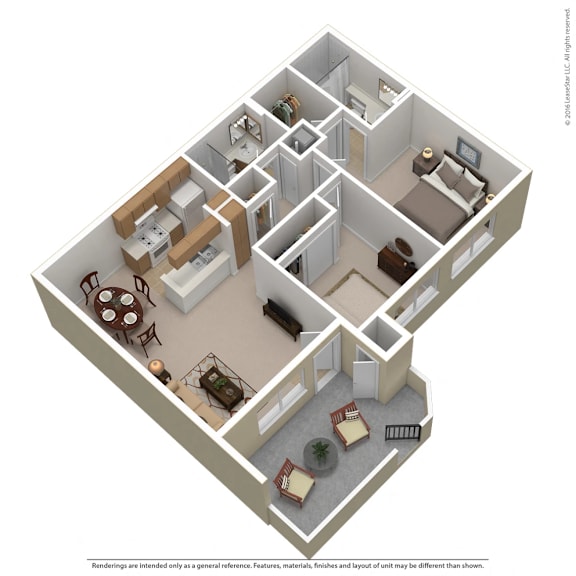 A 3D floor plan of a house with furniture and appliances.