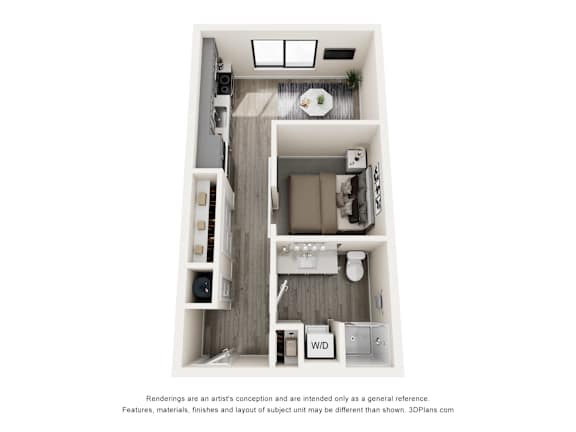 a stylized floor plan of a 1 bedroom floor plan