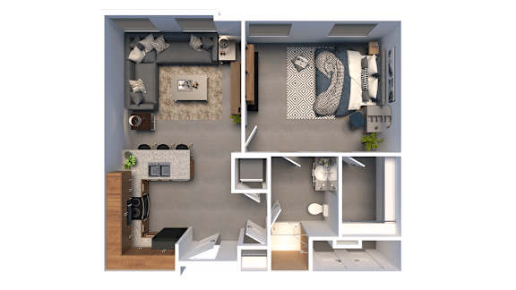 a 3d floor plan of a house with a bedroom and a living room