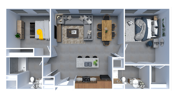 a 3d floor plan of a house with a bedroom and a living room