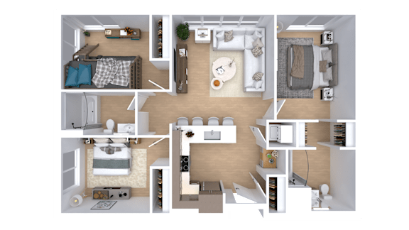 A 3D floor plan of a small apartment with a kitchen, living room, and bedrooms.