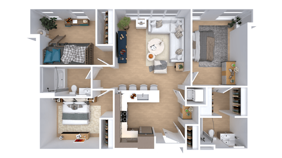 A 3D floor plan of a house showing a living room, kitchen, and bedrooms.