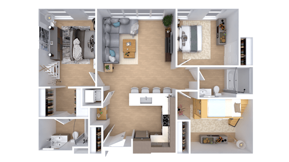 A 3D floor plan of a house with a kitchen, living room, and bedrooms.
