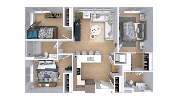 A 3D floor plan of a small apartment with a kitchen, living room, and bedrooms.