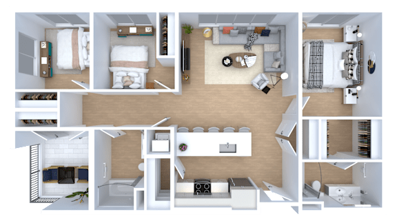 A series of images showing different layouts of a small apartment.