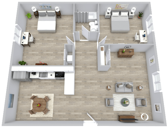 A 3D floor plan of a house with a kitchen, living room, dining room, and two bedrooms.
