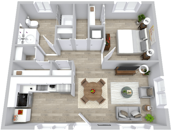 A 3D floor plan of a small apartment with a living room, kitchen, and bathroom.