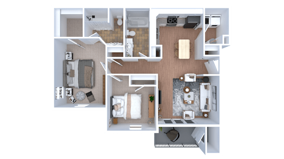 A 3D floor plan of a house with a kitchen, living room, dining room, and bedrooms.