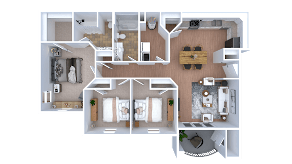 A 3D floor plan of a house with two bedrooms, a living room, a kitchen, and a bathroom.