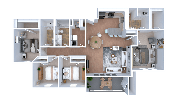 A 3D floor plan of a house showing the layout of the rooms.