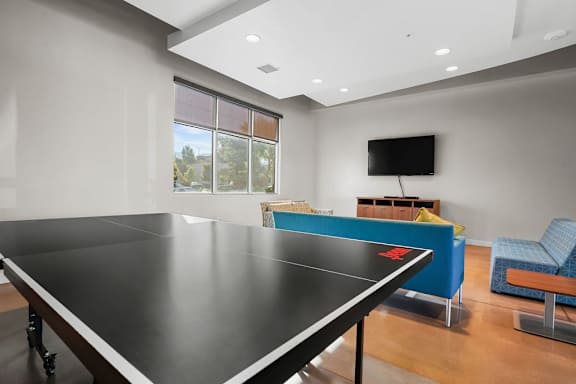 A ping pong table is in the middle of a room with a TV and a couch.