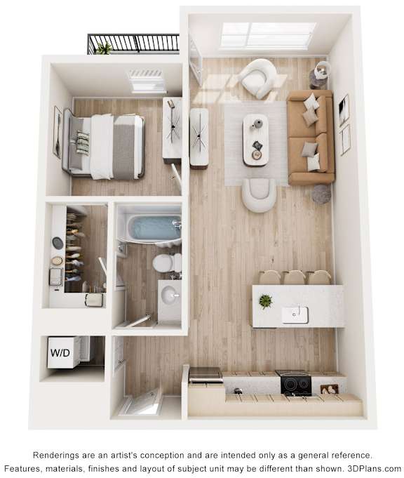A 3D floor plan of a small apartment with a kitchen, bathroom, and living room.
