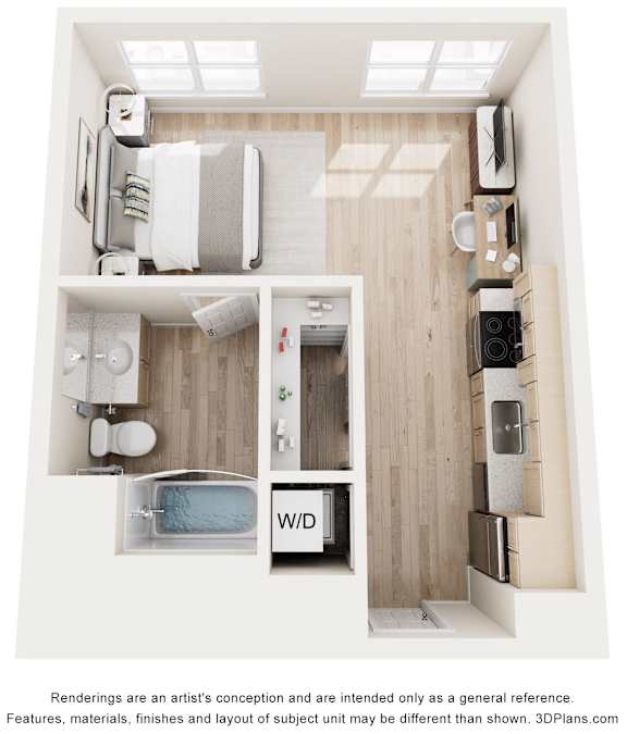 A 3D floor plan of a small apartment with a bedroom, bathroom, and kitchen.
