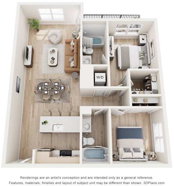 A 3D floor plan of a small apartment with a kitchen, living room, and bedroom.