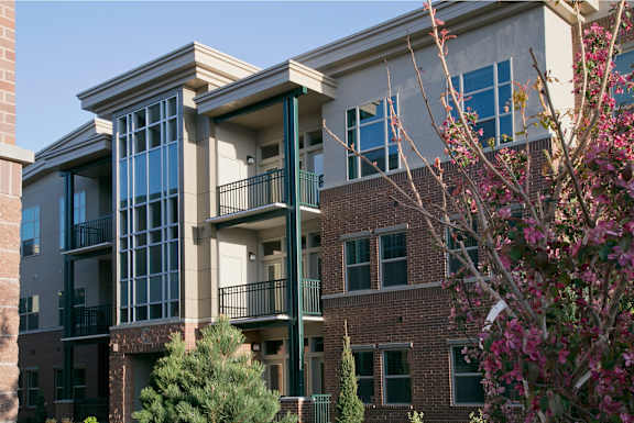 A building with a balcony and a tree with pink flowers in front.