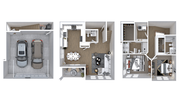 Floor Plan  Three different layouts of a small apartment are shown.