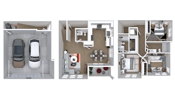 Three different floor plans of a house are shown.