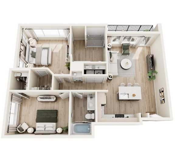 A top-down view of a modern apartment layout with a kitchen, living room, and bedroom.