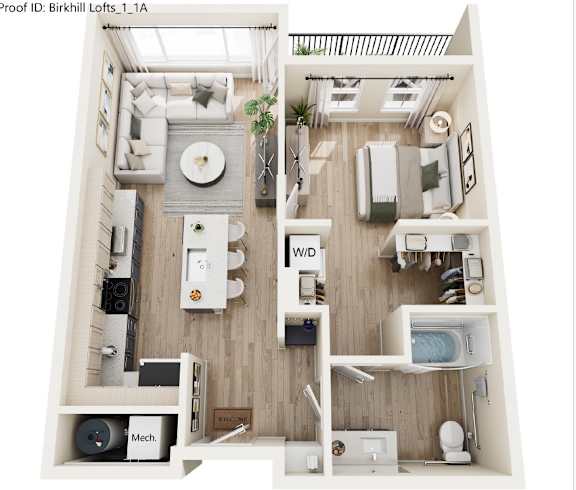 A top-down view of a well-organized, modern apartment layout.